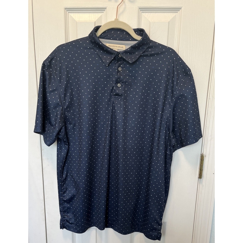 Tricots St Raphael Mens Polo Navy Blue Dot Short Sleeve Sz L